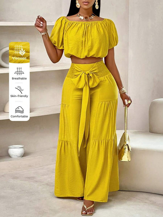 Summer Beach One-Shoulder Crop Top & Wide Leg Pants Set