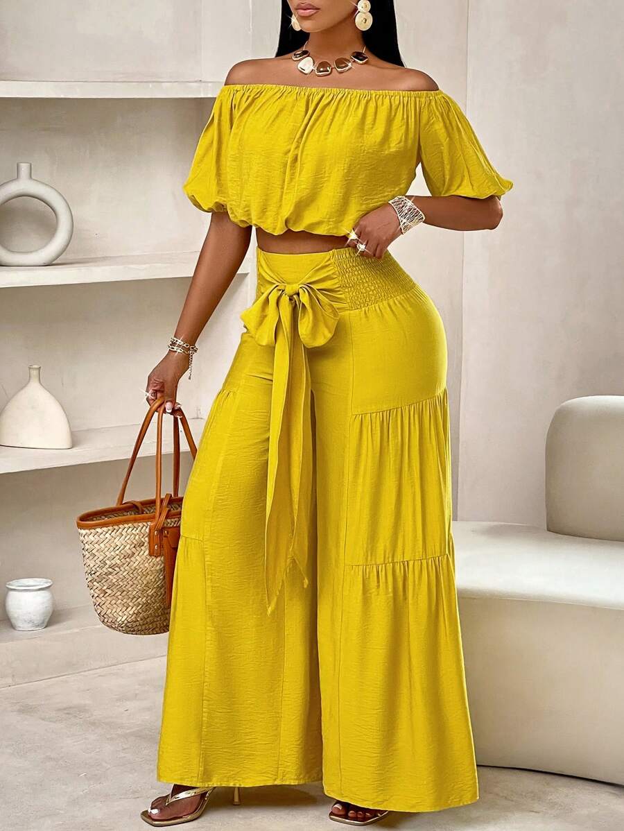 Summer Beach One-Shoulder Crop Top & Wide Leg Pants Set