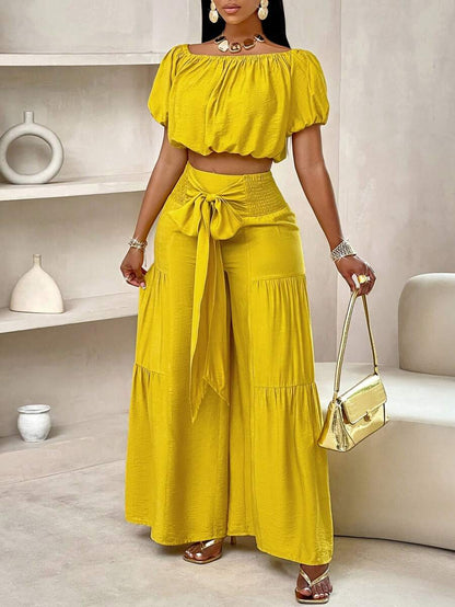 Summer Beach One-Shoulder Crop Top & Wide Leg Pants Set