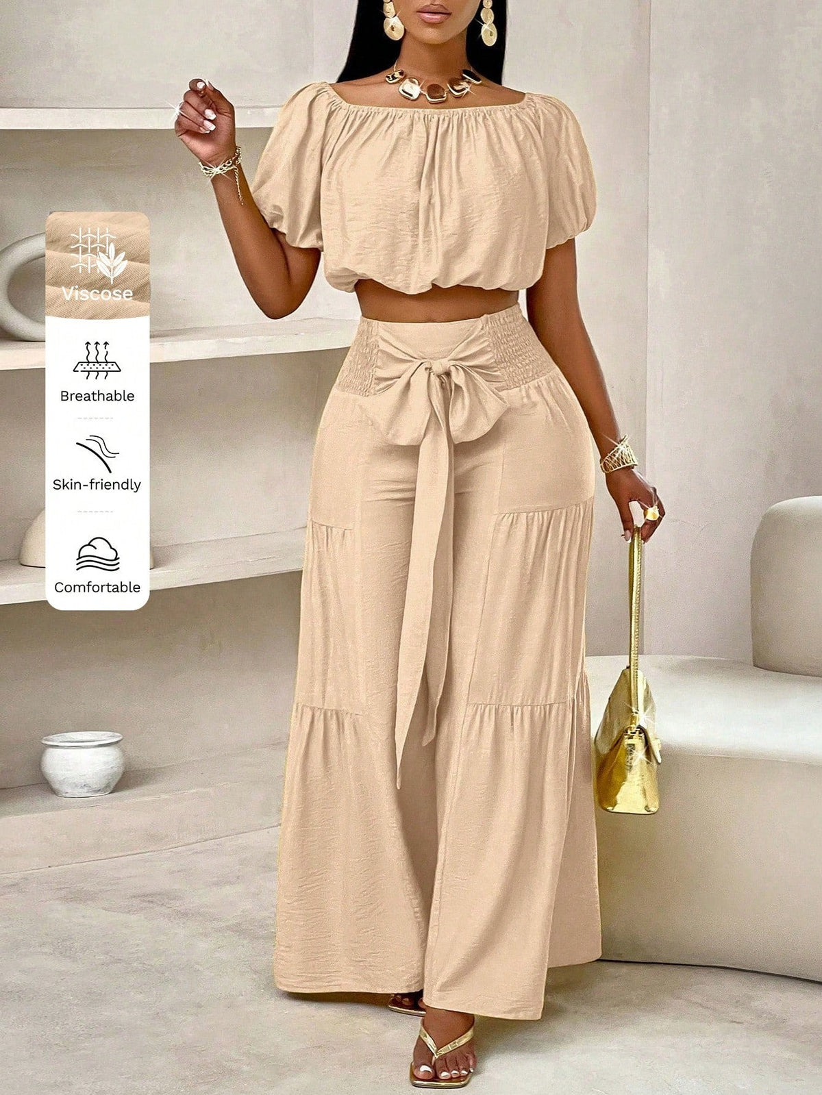 Summer Beach One-Shoulder Crop Top & Wide Leg Pants Set
