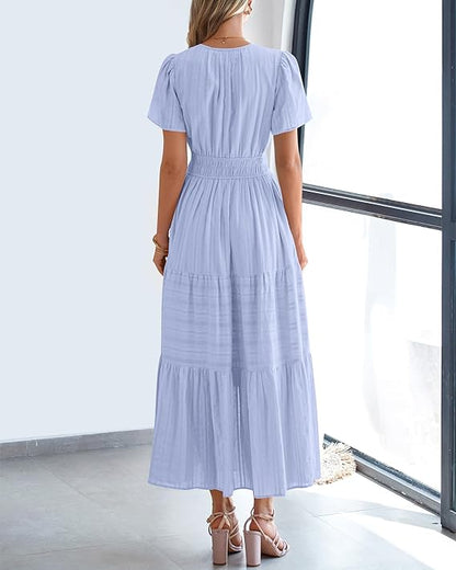 V Neck Elastic Waist Boho Beach Dress Pockets