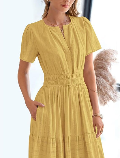 V Neck Elastic Waist Boho Beach Dress Pockets