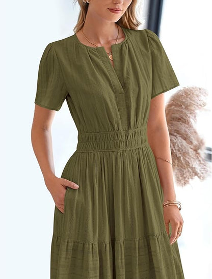 V Neck Elastic Waist Boho Beach Dress Pockets
