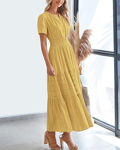 V Neck Elastic Waist Boho Beach Dress Pockets