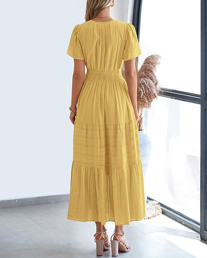V Neck Elastic Waist Boho Beach Dress Pockets