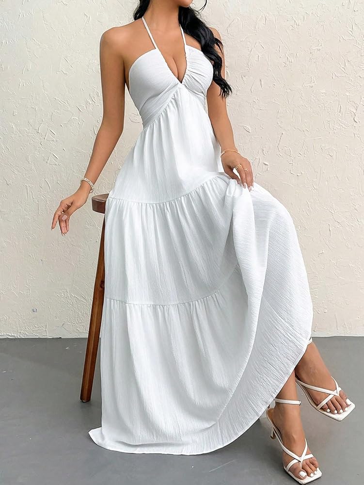 Women’s Halter Backless Maxi Dress – Ruffle A-Line Summer Dress