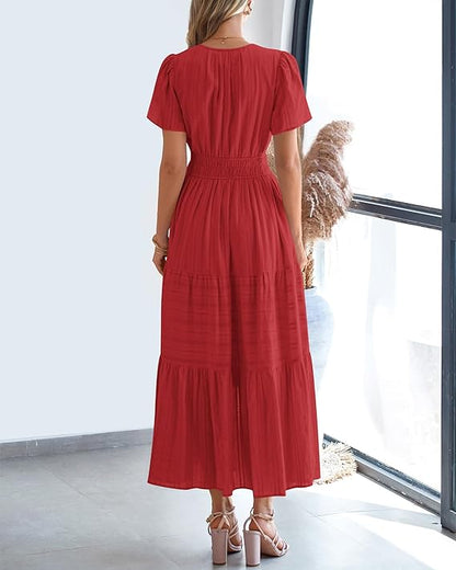 V Neck Elastic Waist Boho Beach Dress Pockets