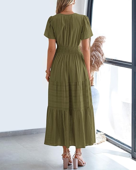 V Neck Elastic Waist Boho Beach Dress Pockets