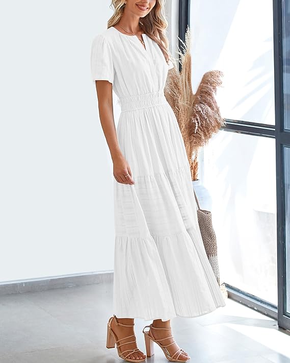 V Neck Elastic Waist Boho Beach Dress Pockets
