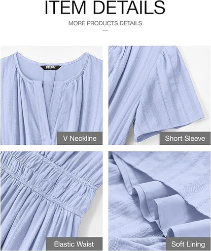 V Neck Elastic Waist Boho Beach Dress Pockets