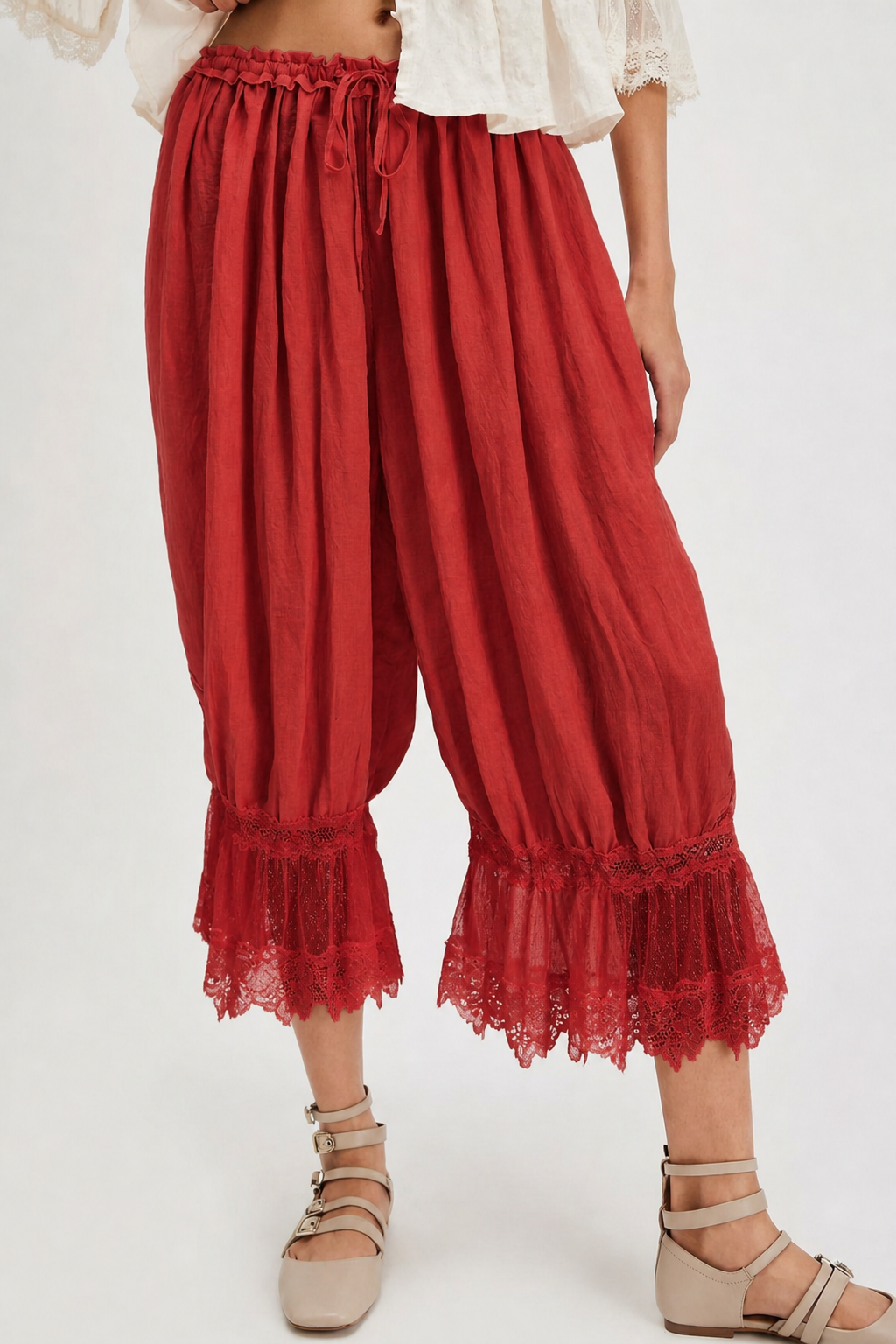 Lace Patchwork Bloomer Pants – Y2K Ruffle Hem, Elastic Waist