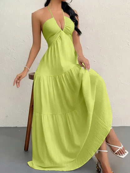 Women’s Halter Backless Maxi Dress – Ruffle A-Line Summer Dress