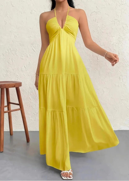 Women’s Halter Backless Maxi Dress – Ruffle A-Line Summer Dress