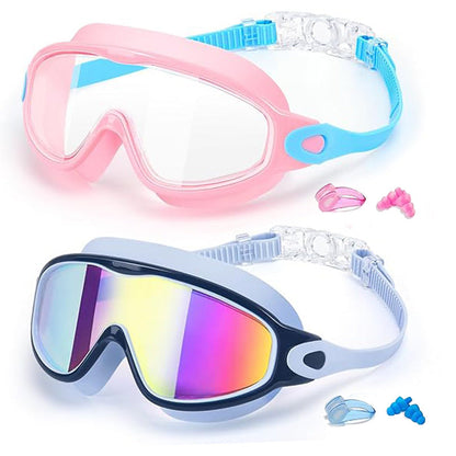2-Pack Kids Swim Goggles 3-15+ – UV Anti-Fog HD, Earplugs & Nose Clip