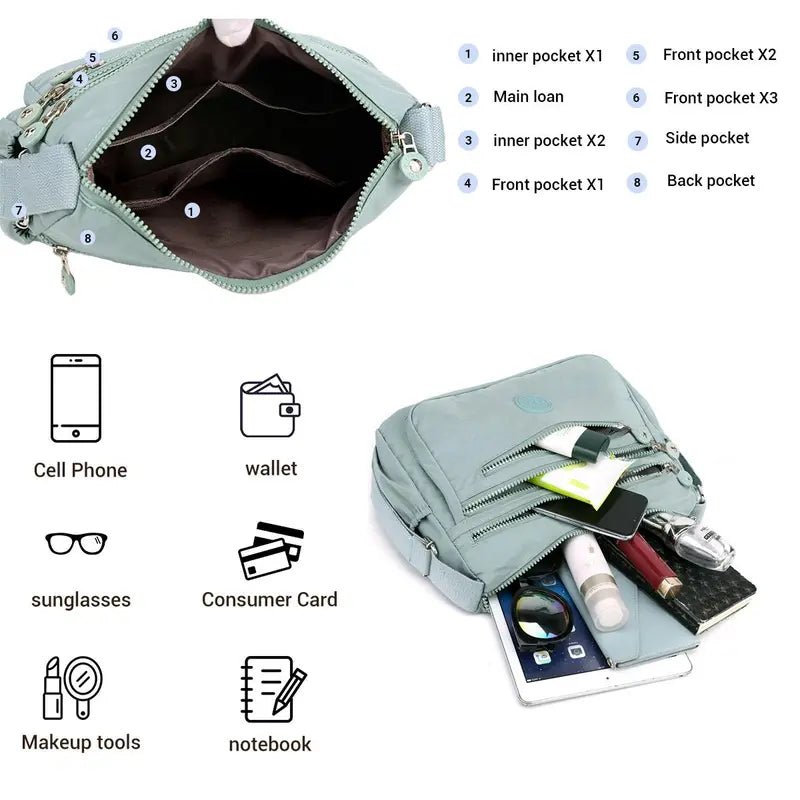 Anti-Theft Nylon Crossbody Bag for Women – Lightweight Multi-Pocket Everyday Shoulder Bag
