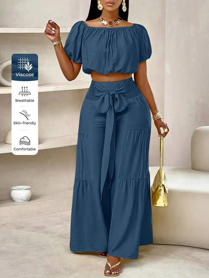 Summer Beach One-Shoulder Crop Top & Wide Leg Pants Set