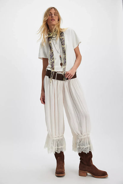 Lace Patchwork Bloomer Pants – Y2K Ruffle Hem, Elastic Waist
