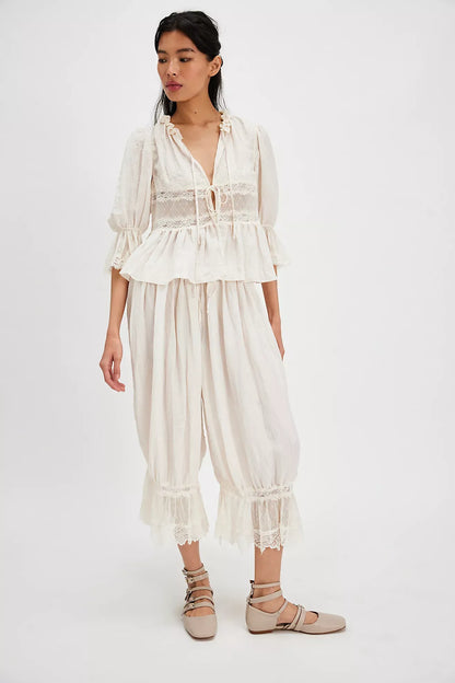 Lace Patchwork Bloomer Pants – Y2K Ruffle Hem, Elastic Waist
