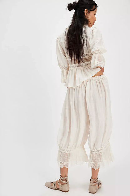 Lace Patchwork Bloomer Pants – Y2K Ruffle Hem, Elastic Waist