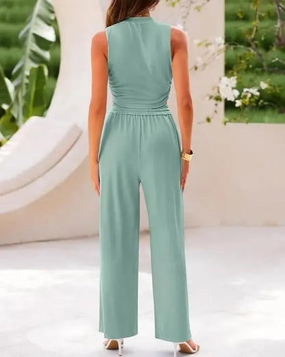 Women’s Ribbed Knit 2-Piece Set – Crop Top & Wide Pants