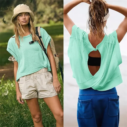 ⛱Women's Open Back Crop Top - Oversized Stretch Tee for Yoga & Street