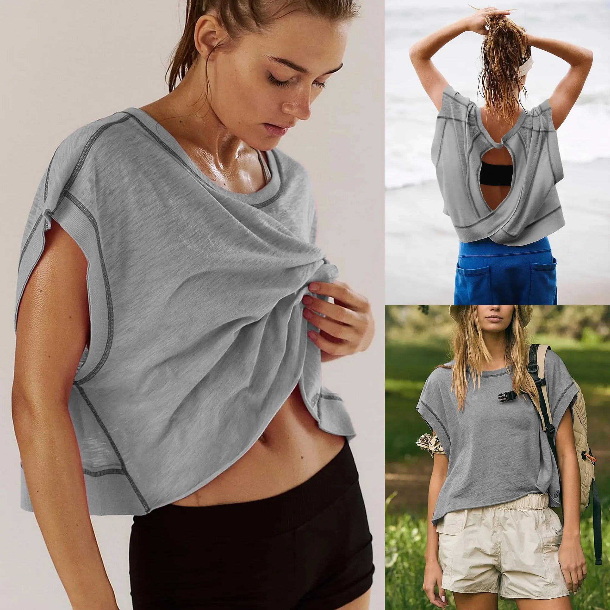 ⛱Women's Open Back Crop Top - Oversized Stretch Tee for Yoga & Street