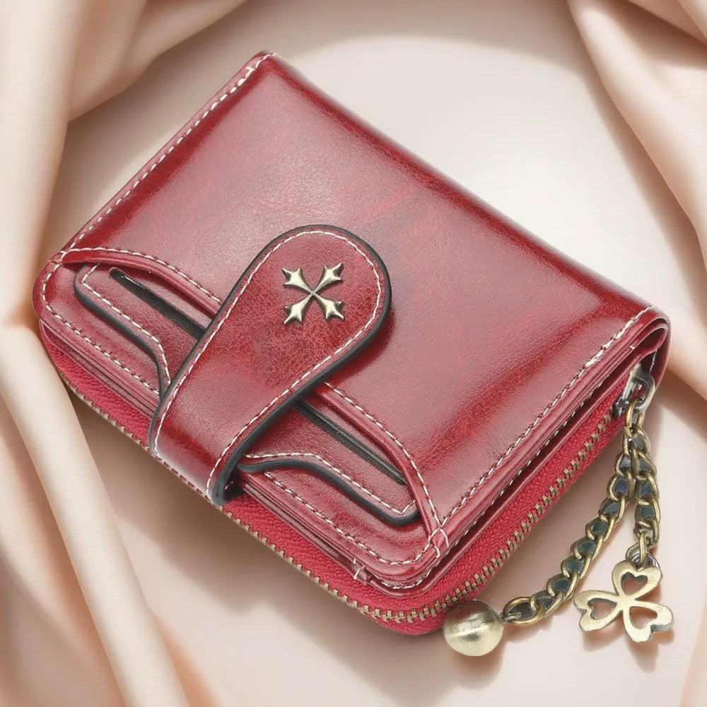 Vintage Goth Mini Leather Wallet for Women – Zip Bifold Coin Purse