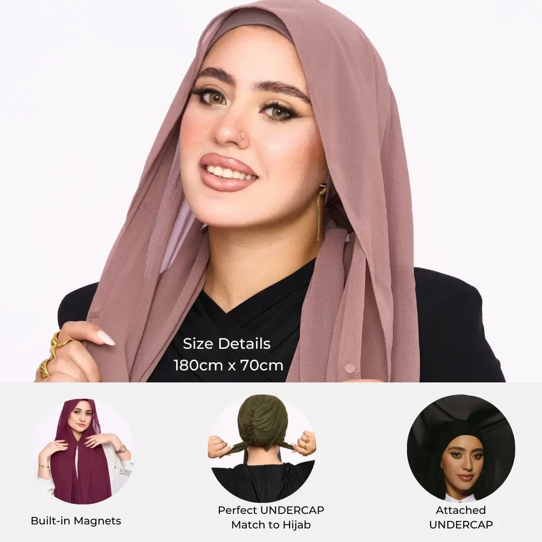 Instant Chiffon Hijab 3-in-1 Magnetic Set – Undercap & Wrap, Ready to Wear